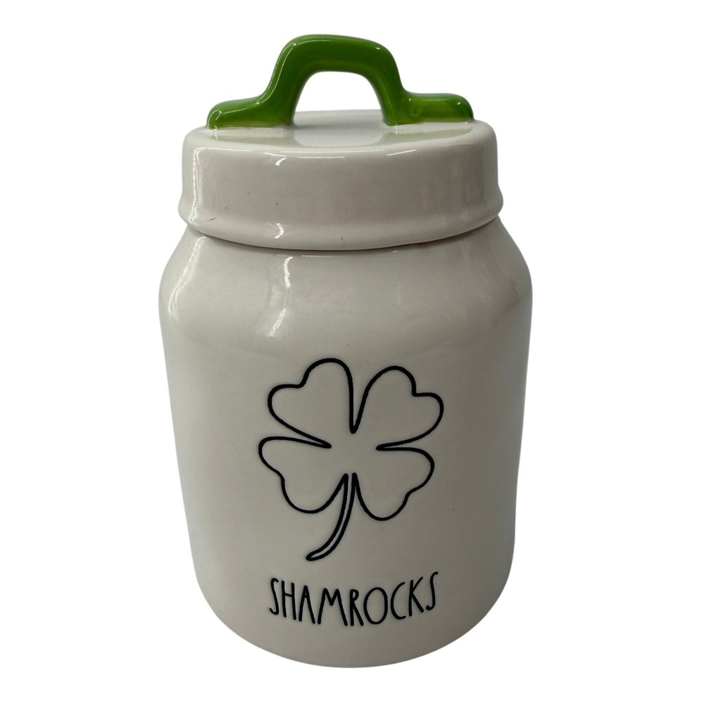 Rae Dunn Shamrocks Ceramic Canister St Patricks Day Clover White Green Jar Small